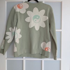 PacSun Sage Green Sweater with Floral and Yin Yang Design